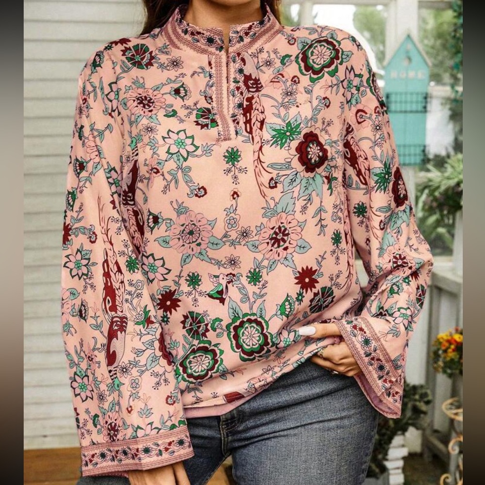 Boho Floral Print Long Sleeve Top Blouse Shirt - Picture 3 of 5